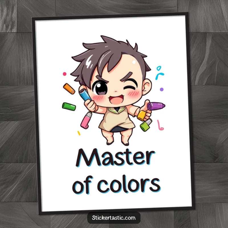 Funny Digital Art Print: Dynamic character juggling a vibrant assortment of markers, showcasing artistic talent. Downloadable funny gift.