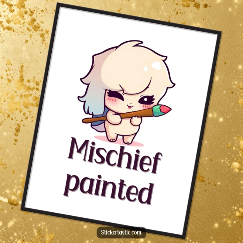 Funny digital art print of a mischievous cartoon character winking while holding a vibrant rainbow paintbrush, full of creative energy.