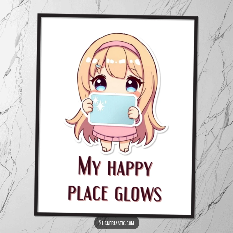 Funny Digital Art: High-resolution print of a character holding a dazzling, sparkling sticker, full of joy.