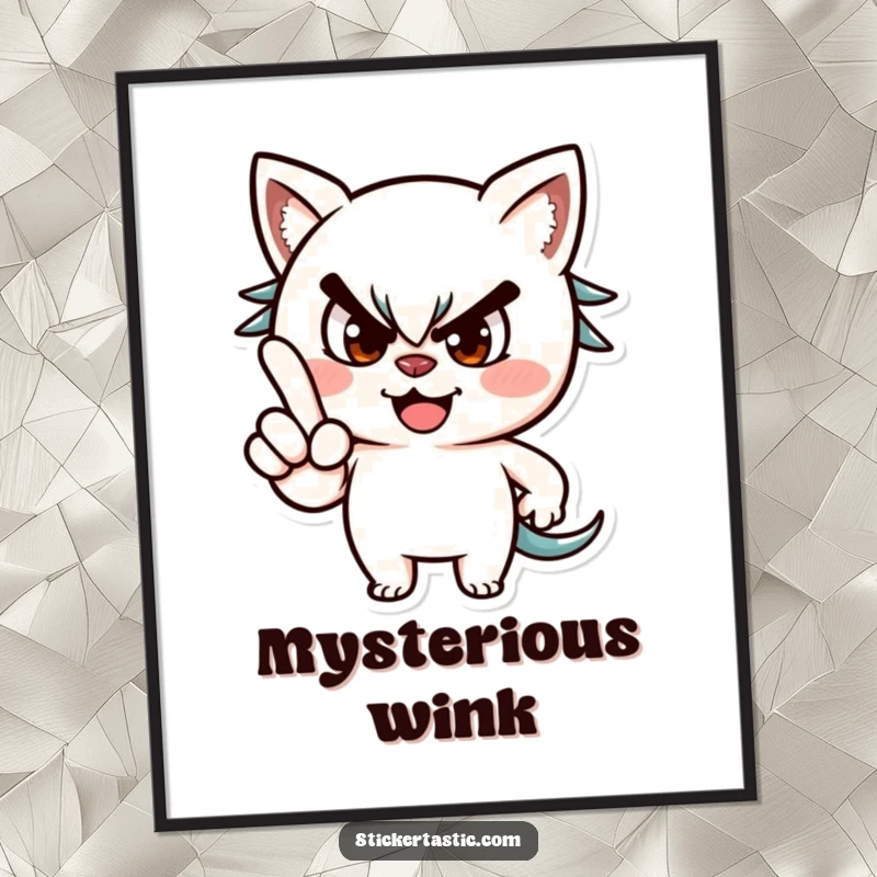 Funny digital art print of a mischievous character with a playful wink and a pointed finger, radiating cheeky confidence.