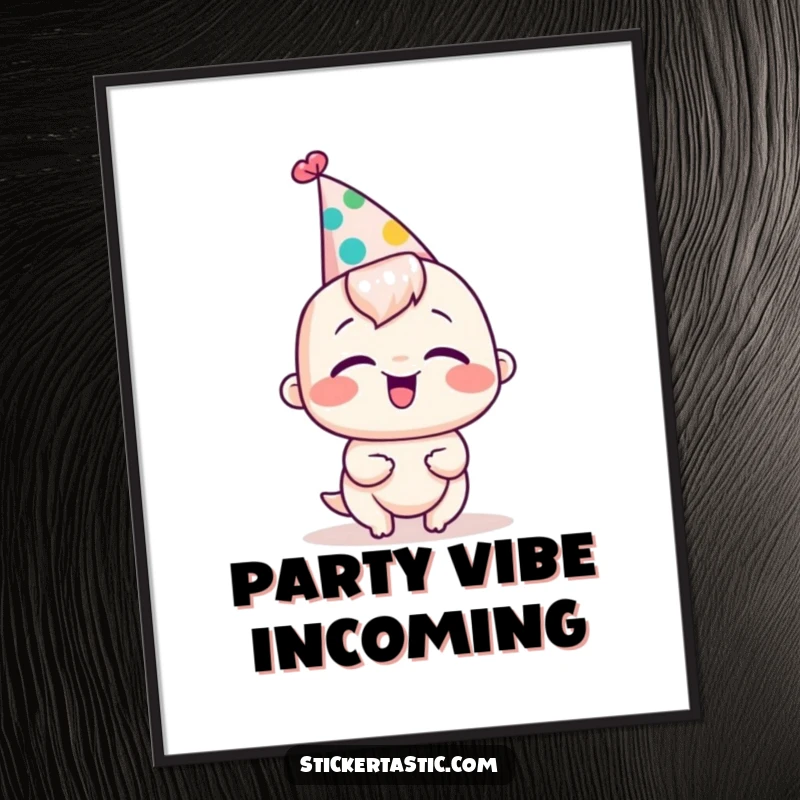 Funny digital art print of a character in a silly party hat, radiating giggles and festive cheer.