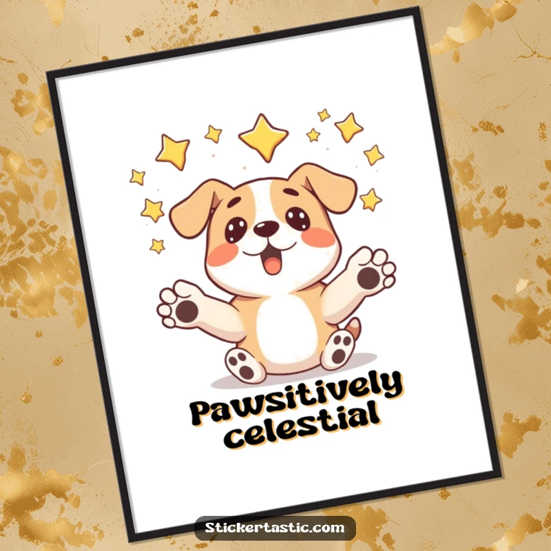 Funny surprised dog digital art print featuring a dog humorously catching falling stars, ideal for magical and whimsical wall decor.