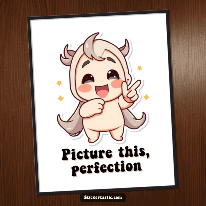 Funny digital art print of a character enthusiastically pointing at a cool animated sticker, perfect for home or office decor.