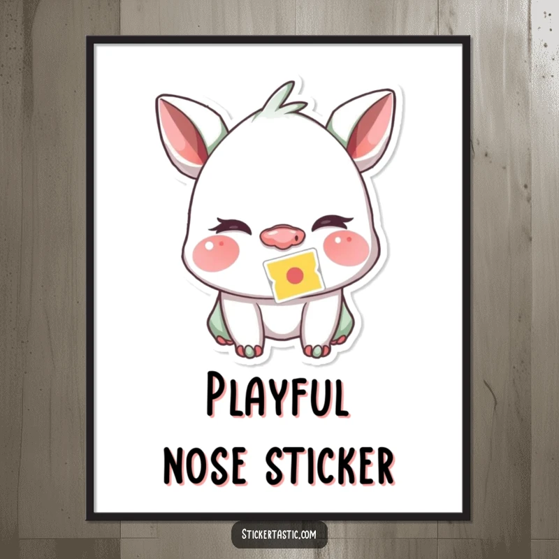 Funny creature winking playfully with a sticker stuck to its nose, as a digital art print, capturing cheeky fun.