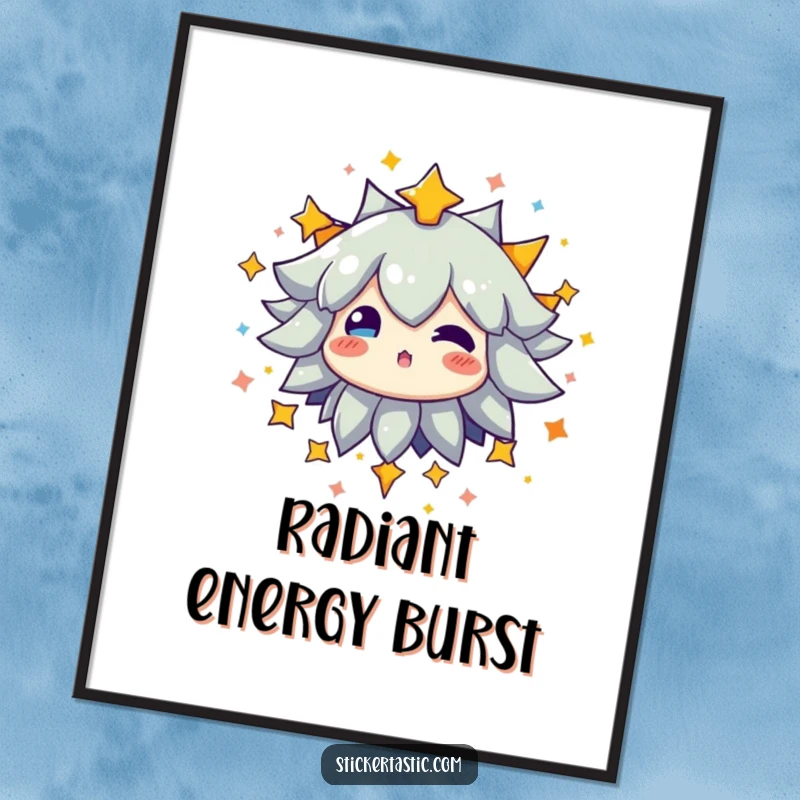 Funny digital art print of a character exploding with a radiant cascade of bright, multi-colored stars, creating a magical effect.