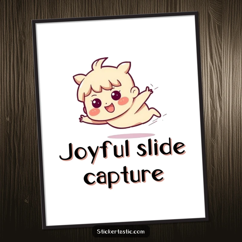 Funny digital art print of a character mid-slide with a joyful, determined expression, capturing a moment of purposeful movement.