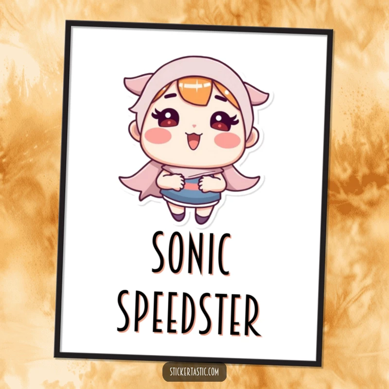 Funny Digital Art: Character with rosy cheeks making a sticker zoom, conveying extreme speed and happiness. Perfect funny gift.