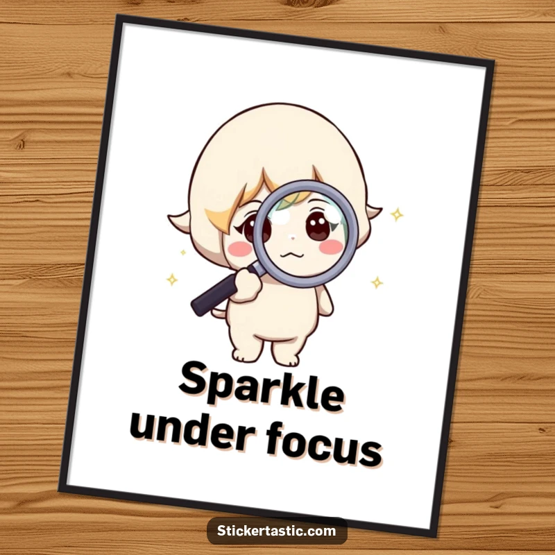 Funny digital art print of a curious character using a magnifying glass to intently study a tiny sparkle.