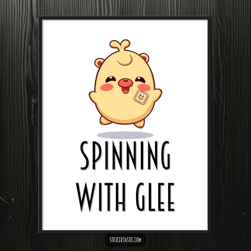 Funny giggling digital art print of a character spinning with a sticker playfully on its nose, perfect for instant playful humor.