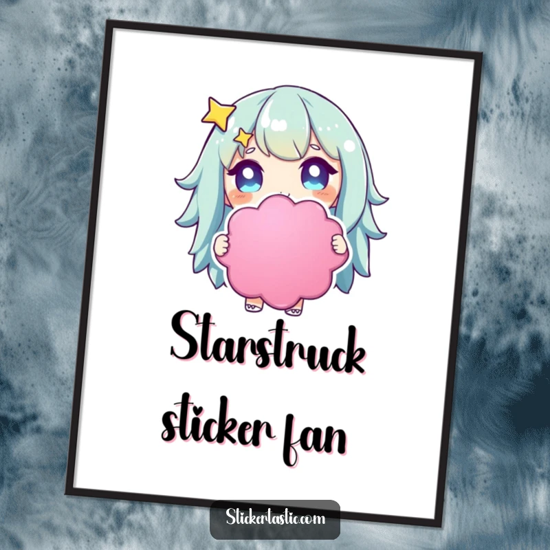 Funny starry-eyed character digital art print of a character holding a huge, colorful sticker, eyes full of wonder.