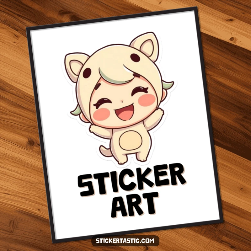Funny printable digital art of a cheerful character grinning while sticking a large sticker, for instant fun.