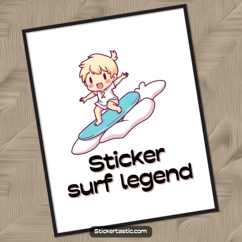 Funny Digital Art: Happy character joyfully surfs on a massive floating sticker, embodying exhilaration and pure fun.