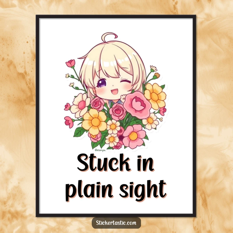 Funny character playfully peeking from behind a sticker bouquet, digitally rendered art print, radiating curiosity and fun, a perfect instant gift.