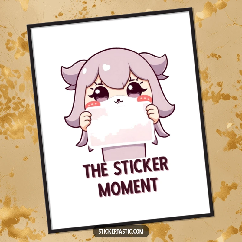 Funny Grinning Character Digital Art: A cute character shows a wide, surprised grin holding a sticker, downloadable for instant charm.