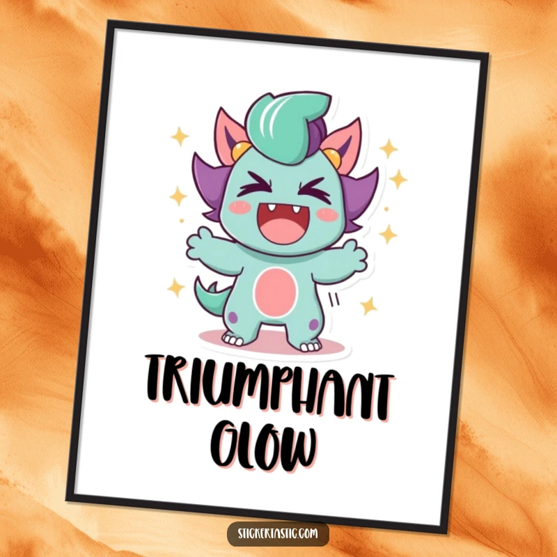 Funny Digital Art Print of a character roaring triumphantly, surrounded by a dazzling display of sparkles, symbolizing victory.