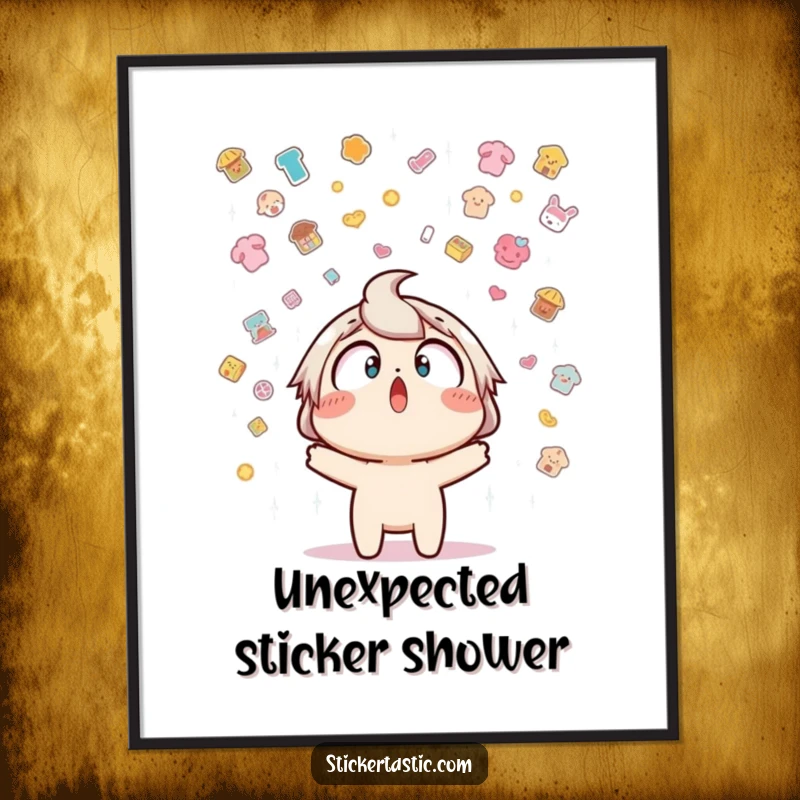 Funny digital art print of a character caught in a delightful downpour of stickers, capturing a moment of pure, amusing surprise.