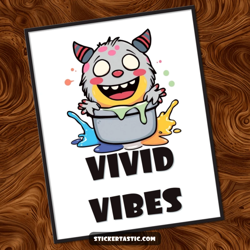 Funny giggling monster splashing colorful paint in a pot, available as a high-resolution digital art print.