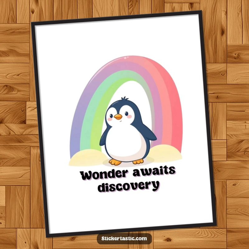 Funny Penguin Digital Art Print: A curious penguin peeking from behind a giant rainbow, ready for instant whimsical display.