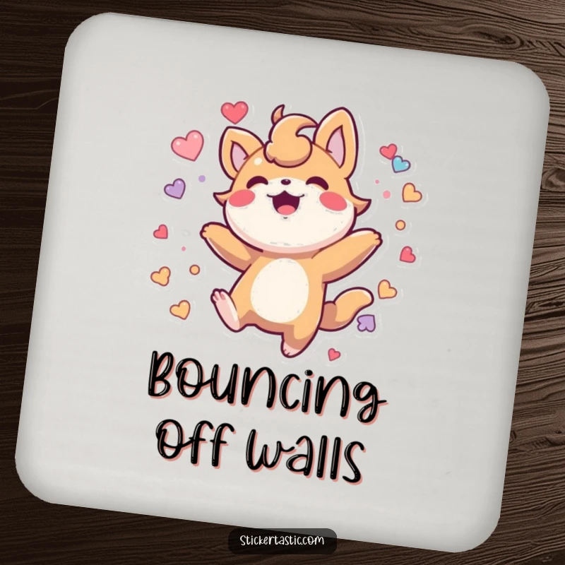 Funny Coasters: Set displays a bouncing creature covered in stickers, adding flair and protection.