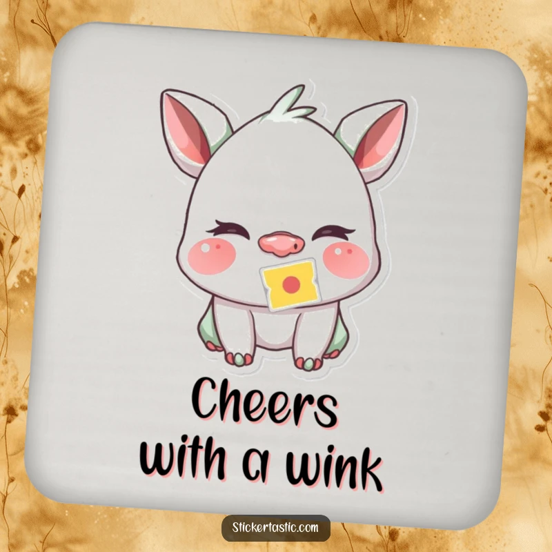 Funny creature winking playfully with a sticker stuck to its nose on a protective drink coaster, adding mischievous humor.