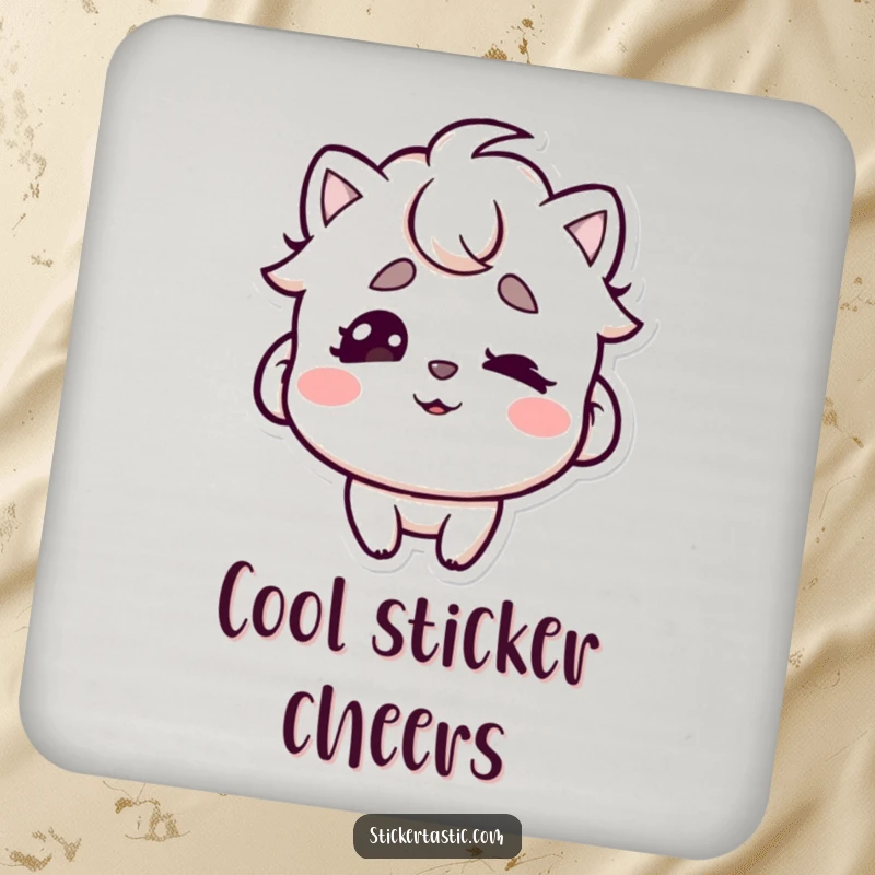 Funny coaster featuring a character playfully wiggling eyebrows beneath a cool sticker, adding a touch of fun to any table.