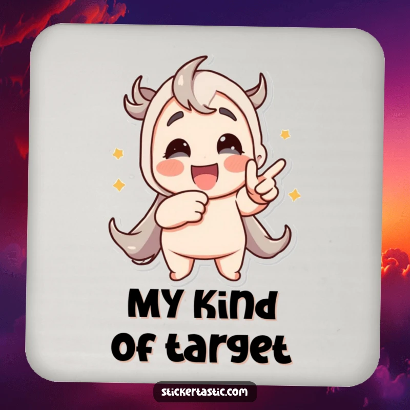 Funny drink coaster featuring a character pointing at a lively animated sticker, adding humor to any tabletop.