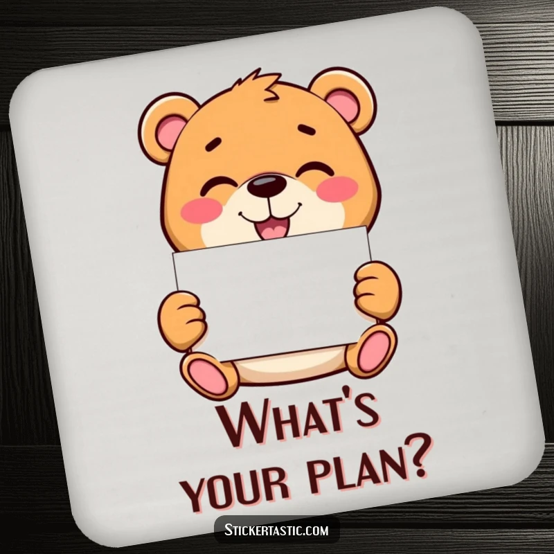 Funny bear drink coasters featuring a mischievous character holding a blank sticker, providing a humorous and protective surface for drinks, ready for customization.