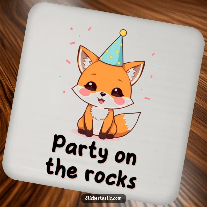 Funny drink coaster with a delighted fox in a party hat and confetti, perfect for protecting surfaces with festive charm and humor.
