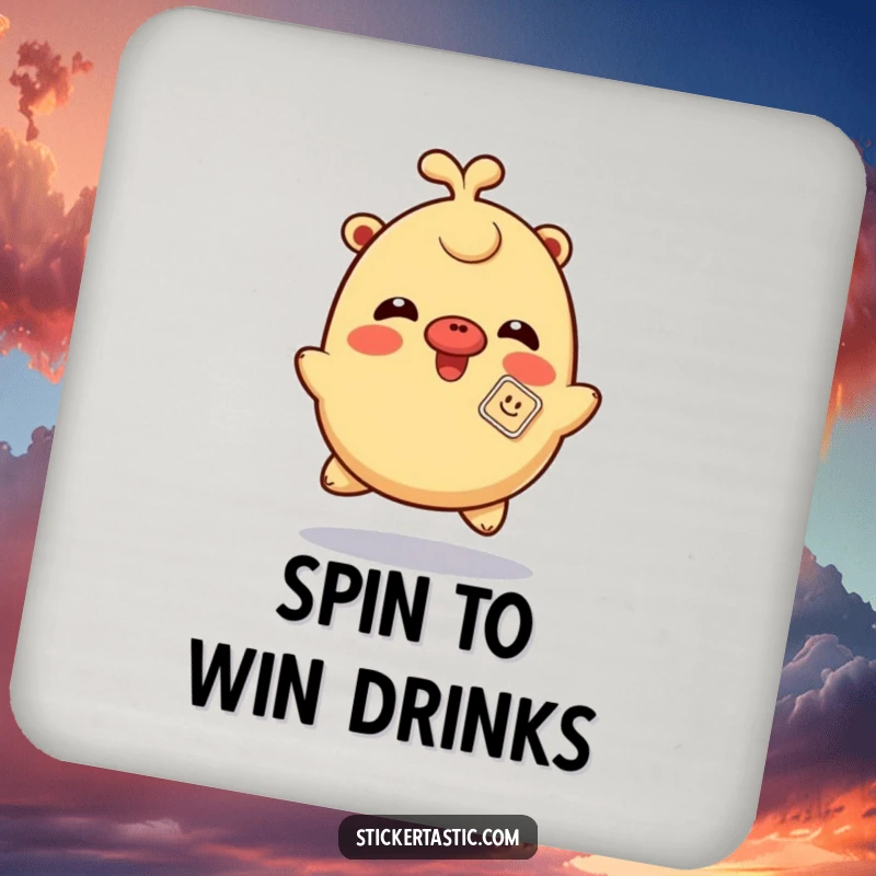 Funny giggling drink coasters featuring a character spinning with a sticker playfully on its nose, offering playful and humorous surface protection.