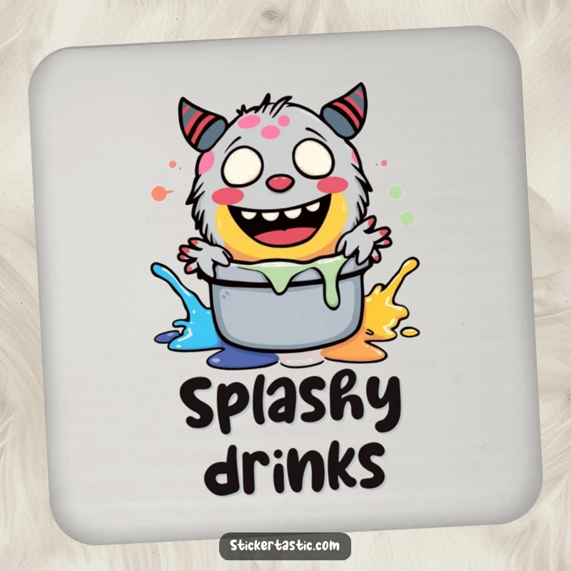 Funny giggling monster splashing paint in a pot, illustrated on a drink coaster for humorous surface protection.