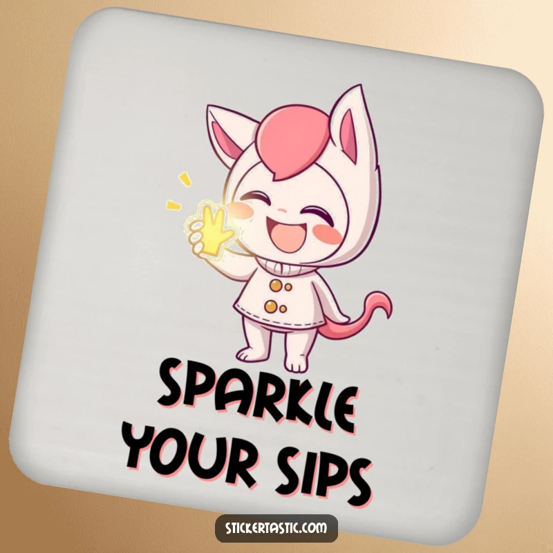 Funny drink coaster with a mischievous giggling character presenting a glowing sticker, protecting surfaces with humor.