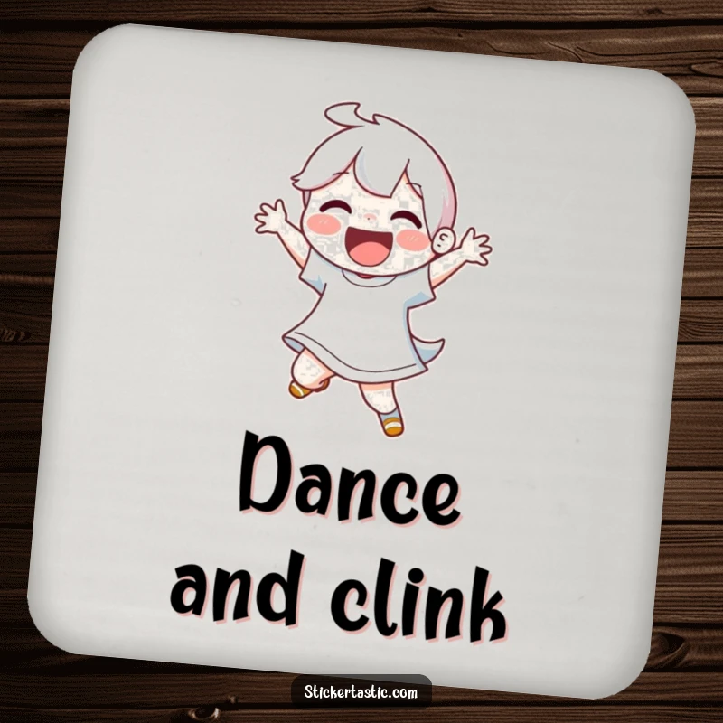 Funny drink coaster featuring a joyful character in an energetic dance move, adding humor to your table.