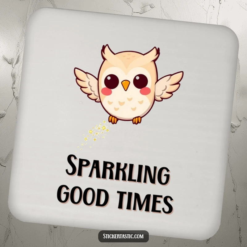 Funny Joyful Owl Coaster: A magical image of a joyful owl flying with a glitter trail, protecting furniture with whimsy and charm.
