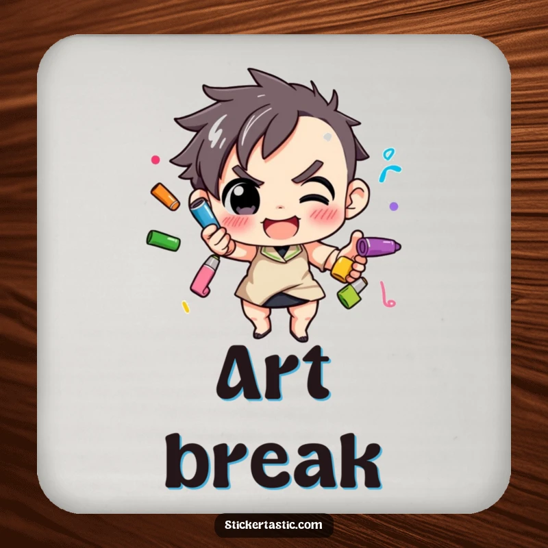 Funny Coaster: A character skillfully juggling colorful markers, adding a creative touch to drink protection. Great funny gift.