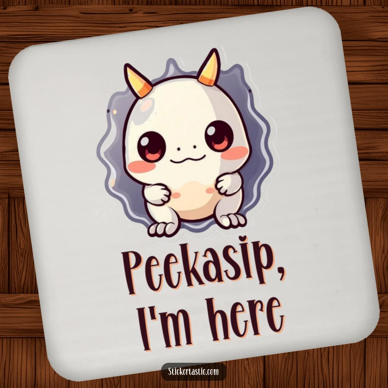 Funny monster coaster with a cute, shy monster peeking from behind a shiny sticker. Protects surfaces with a touch of humor.