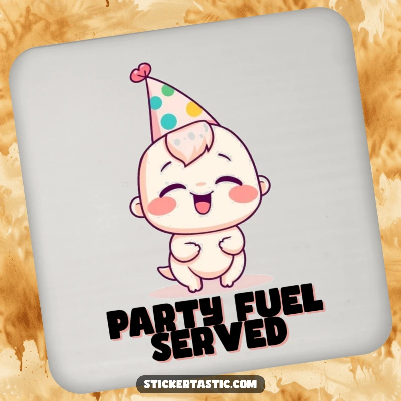 Funny drink coaster with a character in a silly party hat, captured mid-giggle for humorous protection.