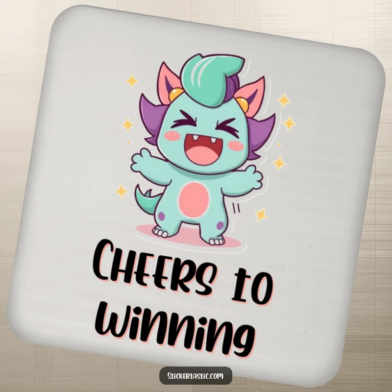Funny Drink Coaster featuring a triumphant roar, surrounded by sparkles, adding a touch of celebratory power to any surface.
