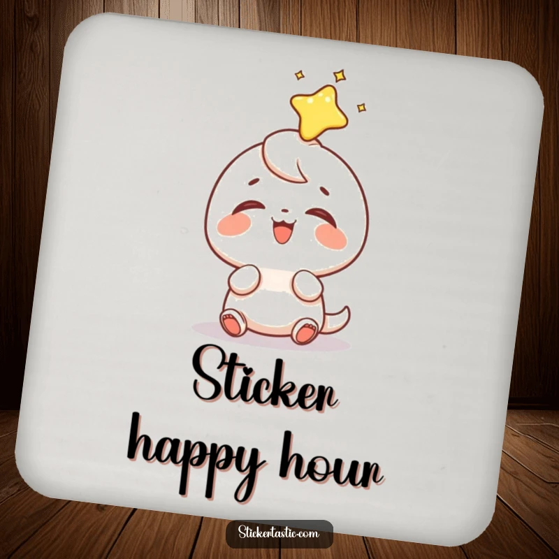 Funny sticker head coaster featuring a tiny character's ecstatic giggle as a shiny sticker lands perfectly on its head, a fun surface protector.