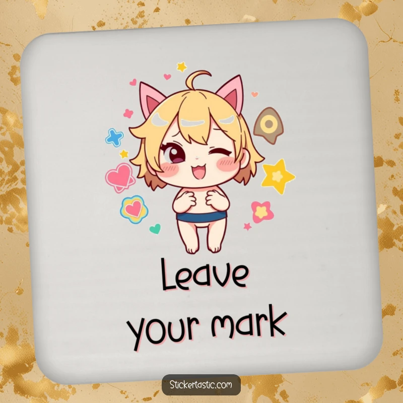 Funny Coaster: Mischievous character winks while juggling colorful stickers, protecting surfaces with playful flair.