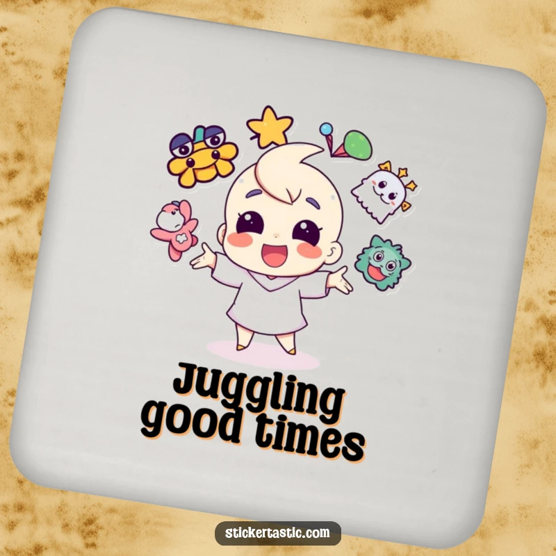 Funny cheerful character juggling vibrant stickers on a drink coaster, bringing playful energy to any tabletop.