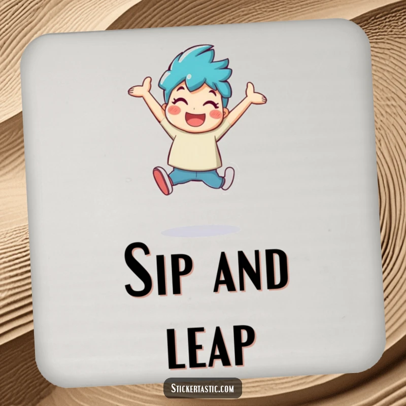 Funny character leaping with a large, shiny sticker on a protective drink coaster, adding playful humor.