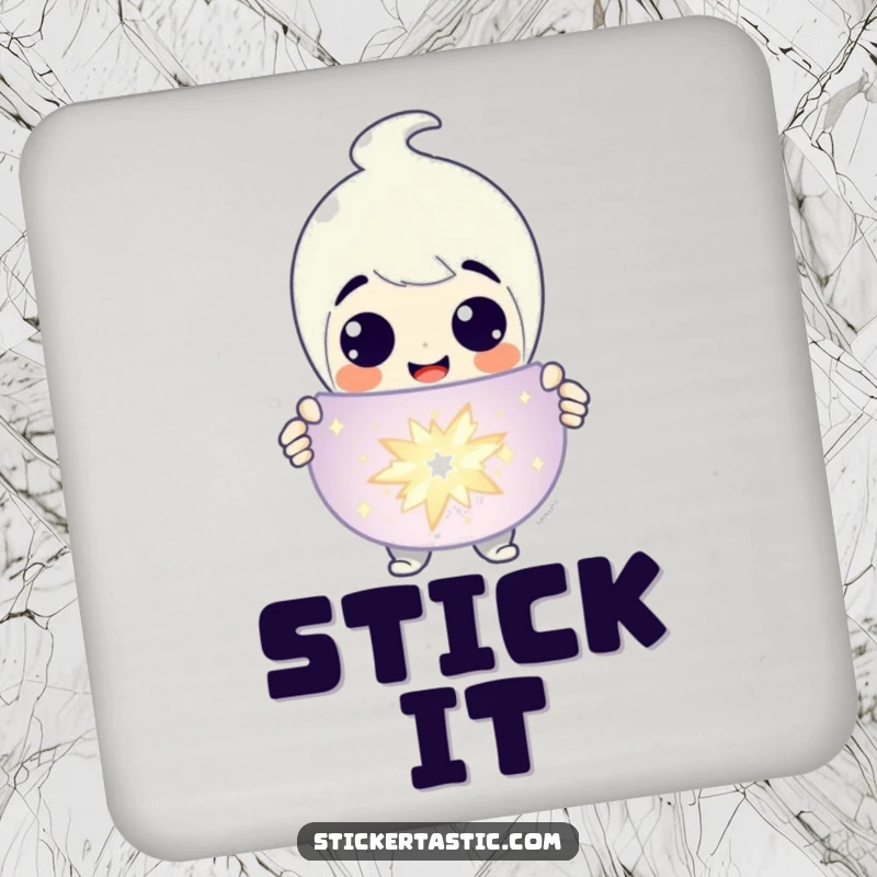 Funny Coaster: A grinning character presenting a large, sparkling sticker, adding fun to drink protection. Great funny gift.