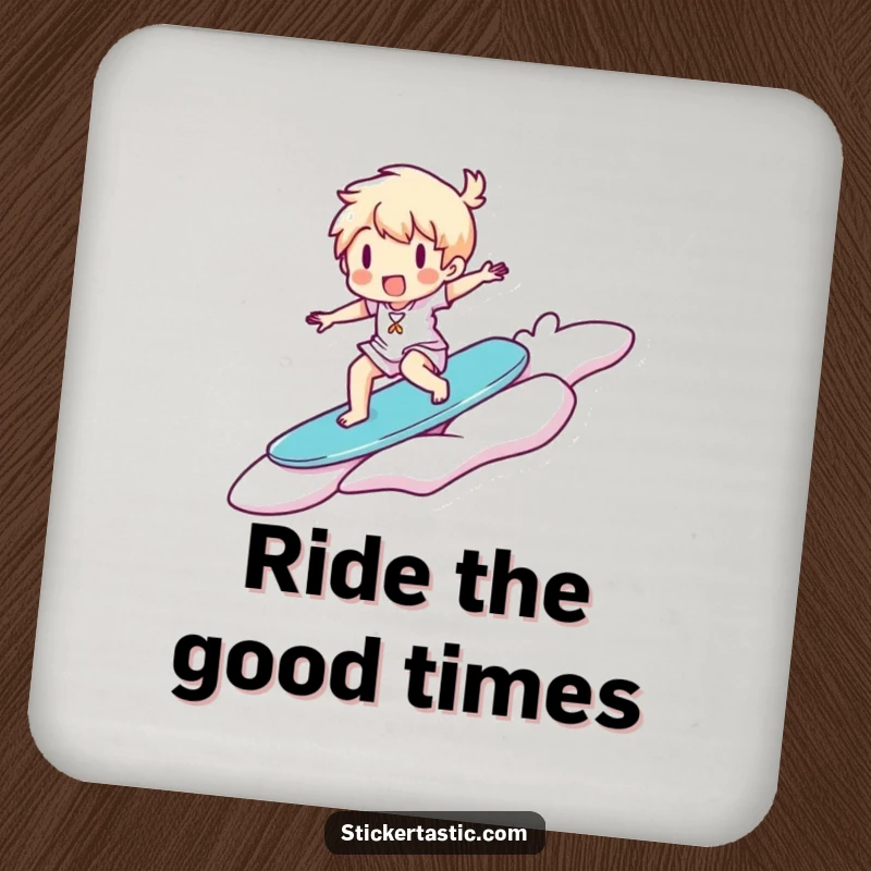 Funny Coaster: Happy character surfs a giant floating sticker, protecting surfaces with a splash of fun and adventure.