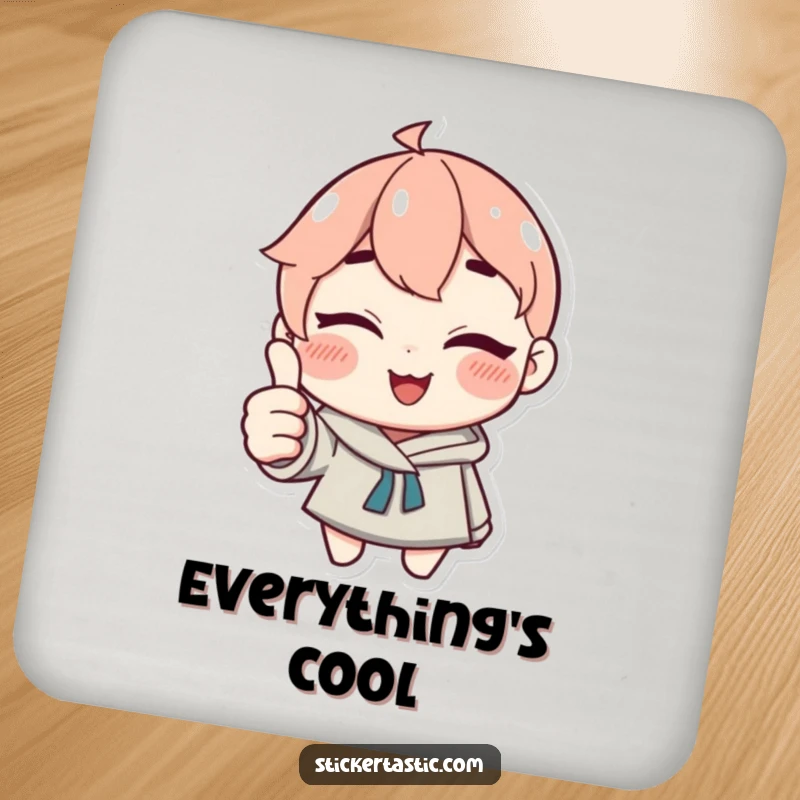 Funny Coaster: Character winking and giving a thumbs up with a sticker, looking stylish. Great funny gift.