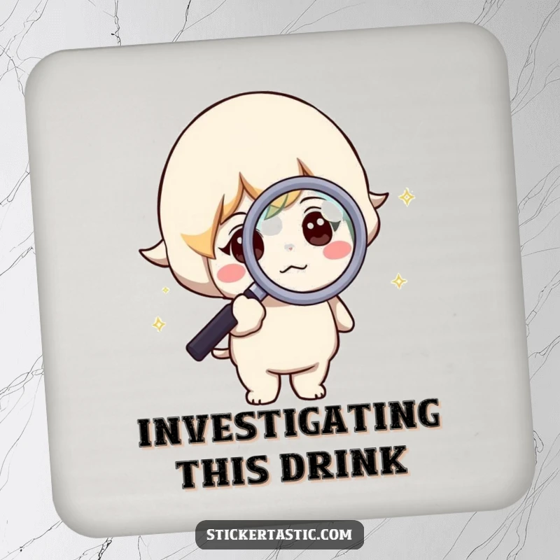 Funny drink coaster featuring a curious character with a magnifying glass over a sparkle, adding humor.