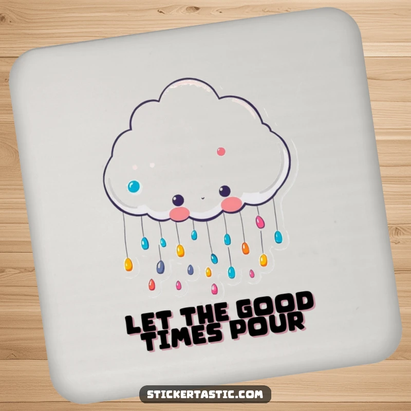 Funny cute cloud character raining colorful stickers coaster, a smiling cloud showering stickers, perfect for funny, protective, and decorative use.