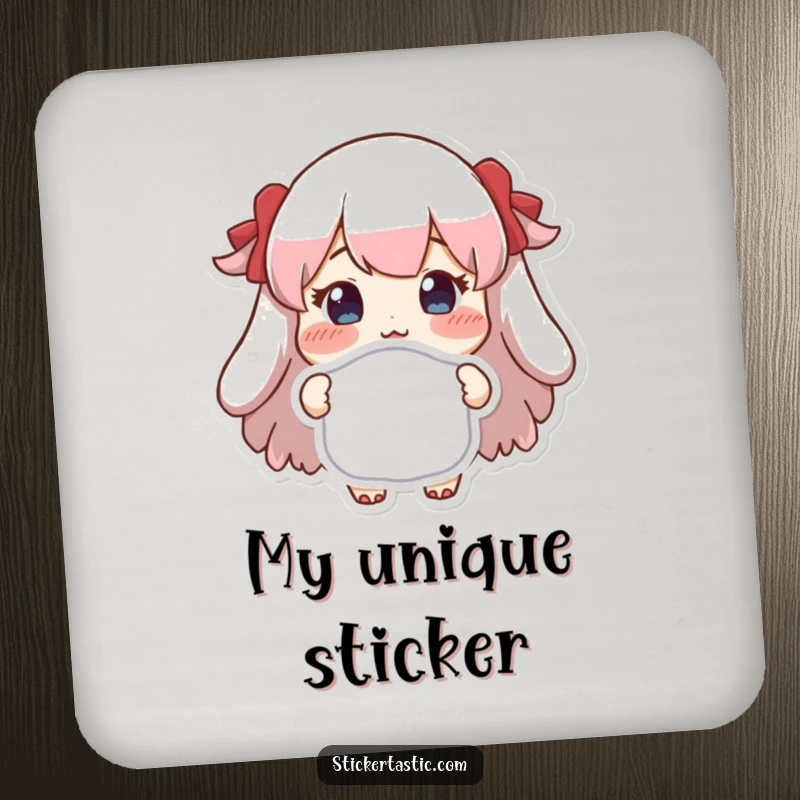 Funny coaster featuring a character proudly displaying a unique sticker, adding a touch of joyful pride to any table setting.