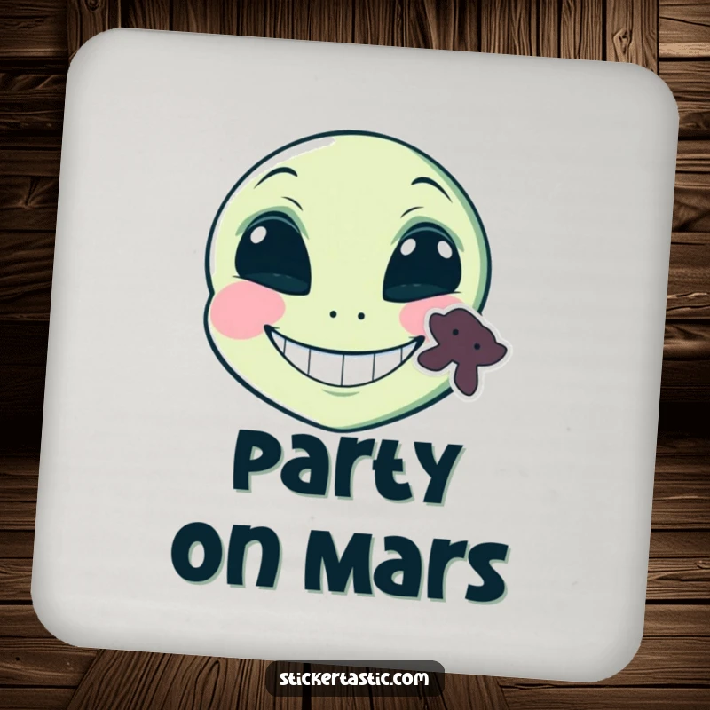 Funny grinning alien face with a sticker on its cheek coaster, a comical alien with a sticker and a wide grin, perfect for funny surface protection.