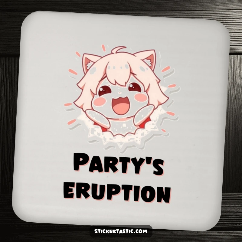 Funny Coaster: Excited character bursting out of a sticker, looking dynamic. Great funny gift.