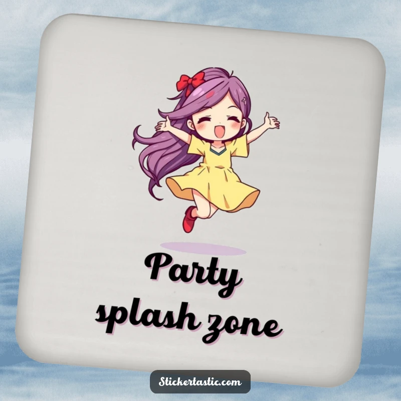 Funny Drink Coaster featuring a character dancing wildly, leaving a vibrant color streak, adding artistic flair to drink service.